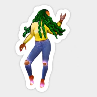 Sparkle and Dance  - dancing woman wearing blue denim jeans and green braids in her Hair Sticker